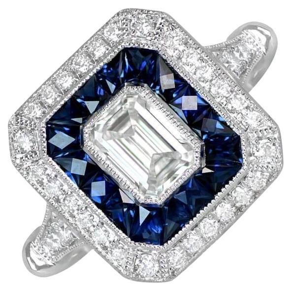 Bague de fiançailles GIA 0,51ct diamant taille émeraude, couleur G, double halo, platine