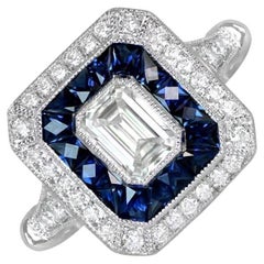 Bague de fiançailles GIA 0,51ct diamant taille émeraude, couleur G, double halo, platine