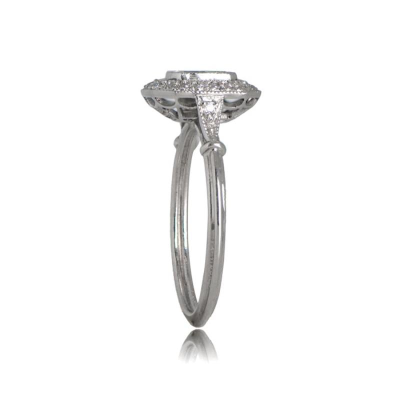 Art Deco GIA 0.51ct Emerald Cut Diamond Engagement Ring, H Color, Diamond Halo, Platinum