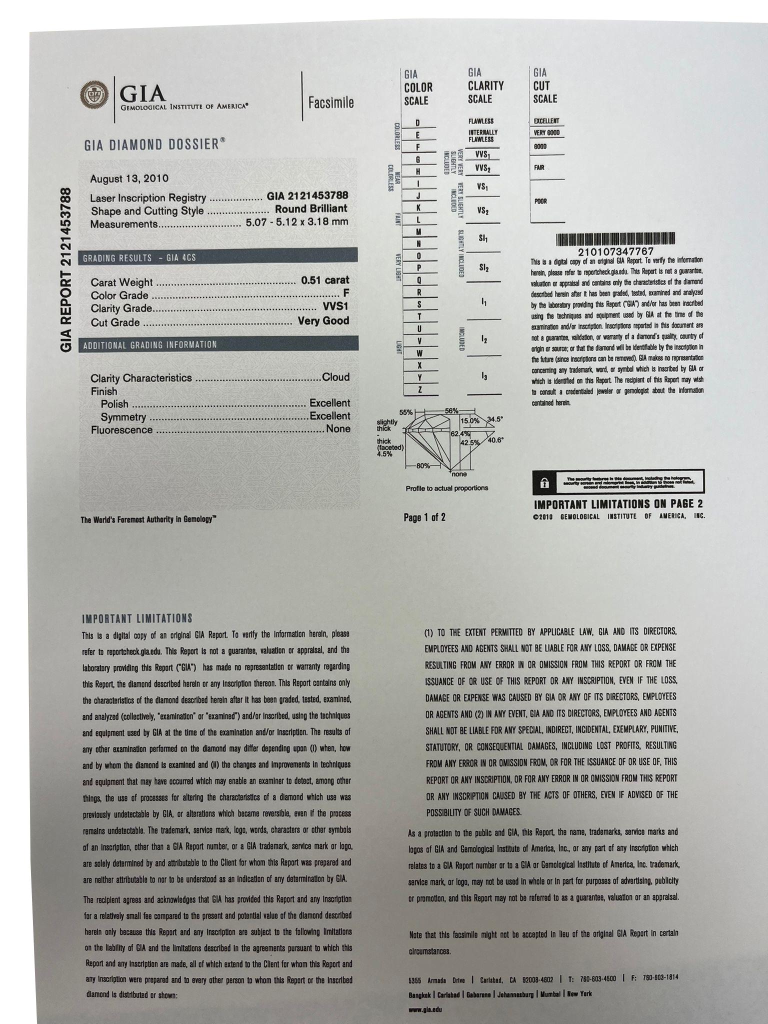 GIA 0,51 Karat natürlicher runder Brillantschliff F/VVS1 Solitär Diamant Damiani Ring im Zustand „Gut“ im Angebot in Aventura, FL