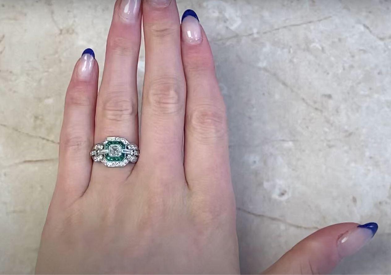 GIA 0.52ct Asscher Cut Diamond Engagement Ring, Emerald & Diamond Halo, Platinum For Sale 5