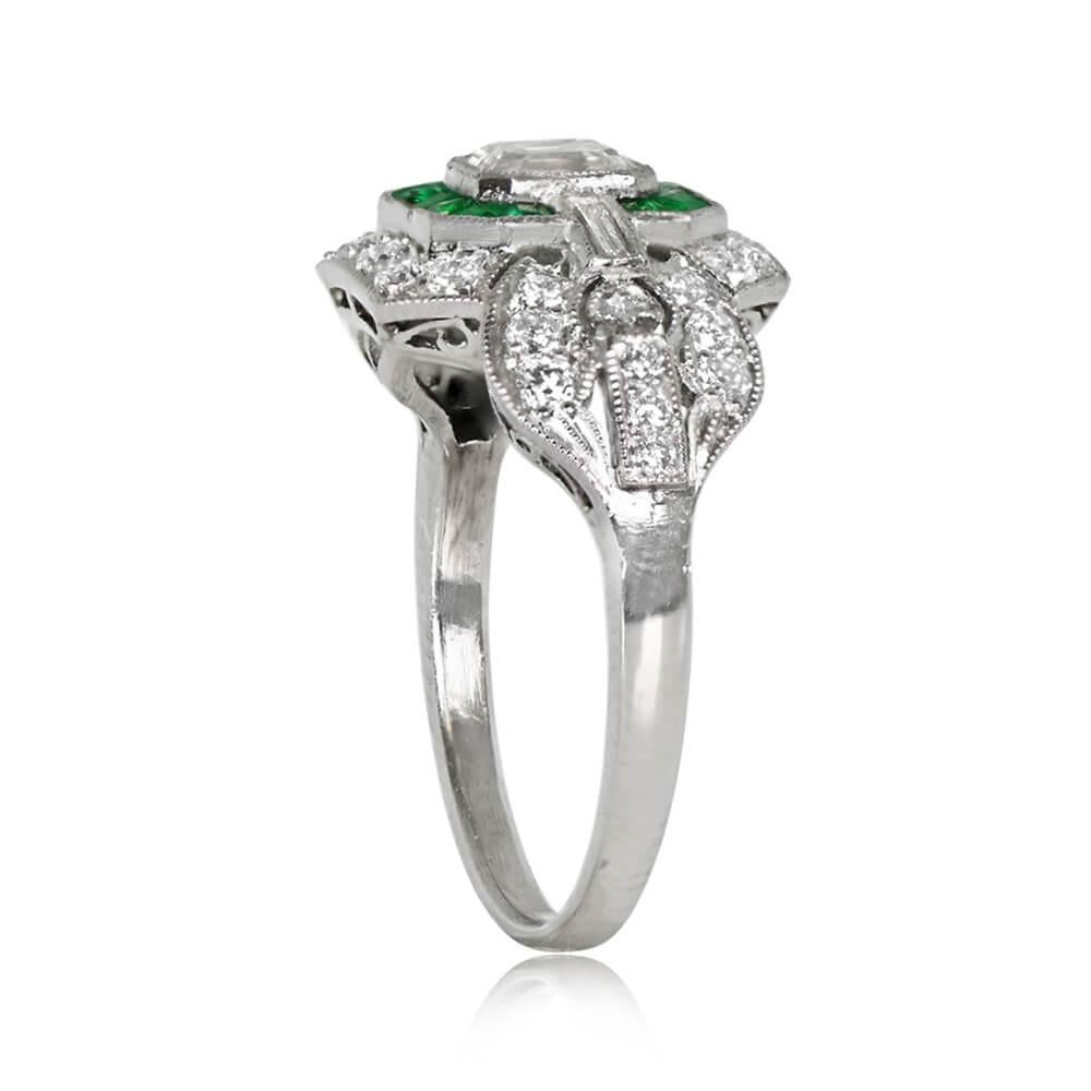 Art Deco GIA 0.52ct Asscher Cut Diamond Engagement Ring, Emerald & Diamond Halo, Platinum For Sale