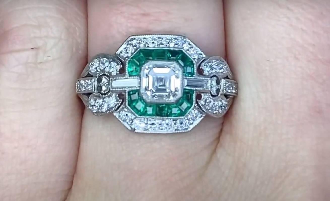Women's GIA 0.52ct Asscher Cut Diamond Engagement Ring, Emerald & Diamond Halo, Platinum For Sale