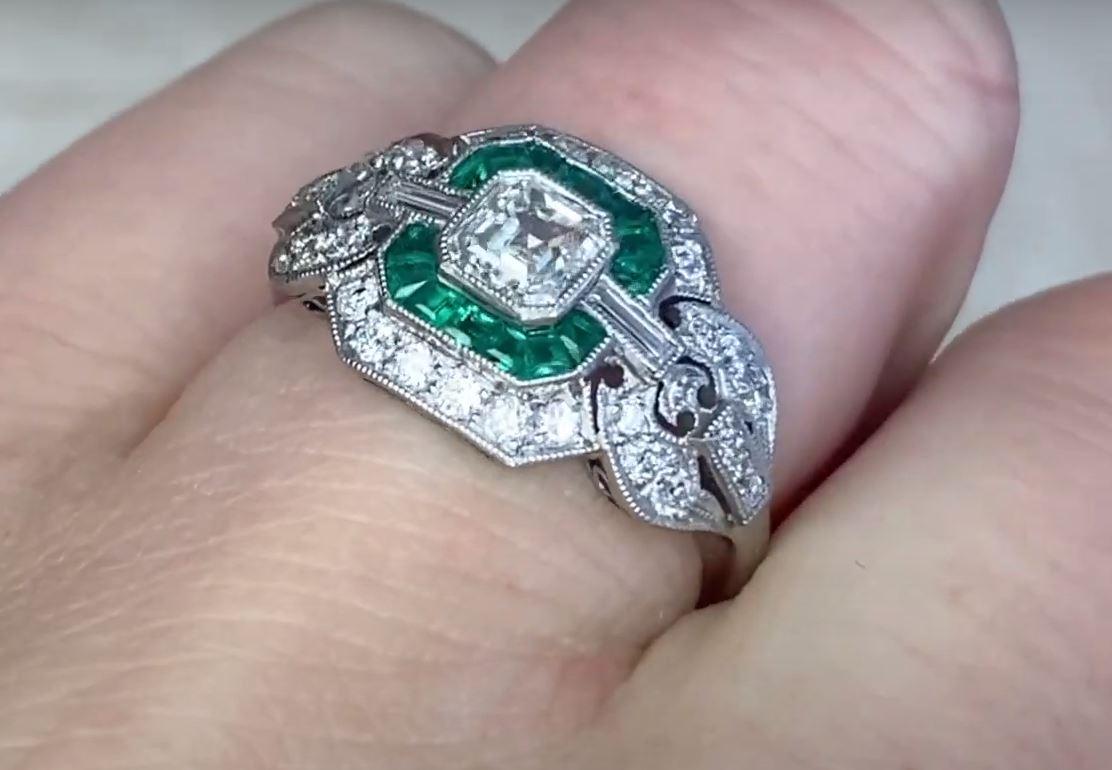GIA 0.52ct Asscher Cut Diamond Engagement Ring, Emerald & Diamond Halo, Platinum For Sale 2