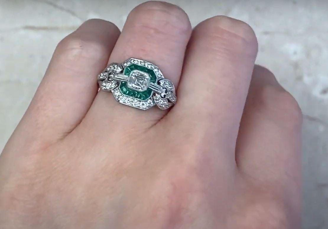GIA 0.52ct Asscher Cut Diamond Engagement Ring, Emerald & Diamond Halo, Platinum For Sale 4