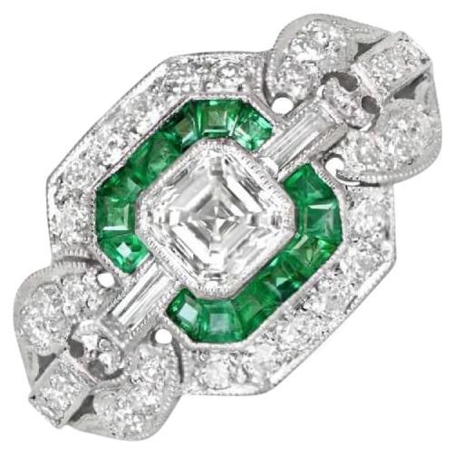 Bague de fiançailles Asscher, émeraude et halo de diamants taille GIA 0,52 carat, platine en vente