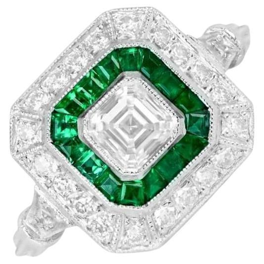 GIA 0.52ct Asscher Cut Diamond Engagement Ring, H Color, Double Halo, Platinum For Sale