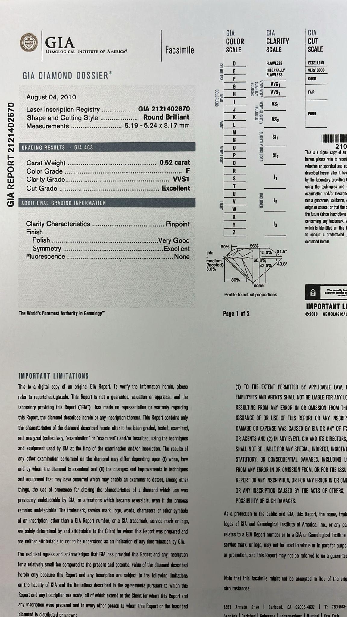GIA 0,52 Karat natürlicher runder Diamant F/VVS1 Damiani Solitär Platin Ehering im Angebot 1