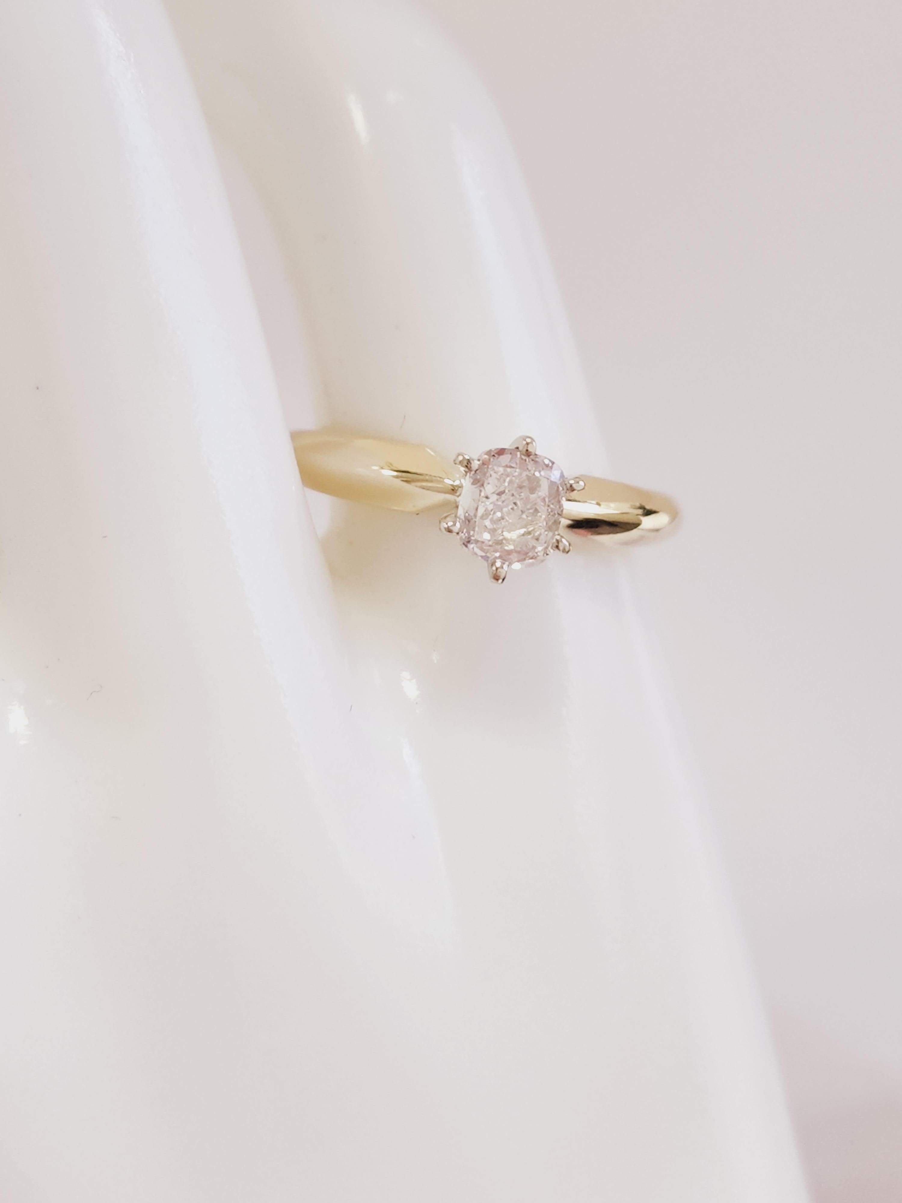 GIA 0.53 Carat Cushion Pink Diamond Solitaire Ring 14K Yellow Gold In New Condition For Sale In Great Neck, NY