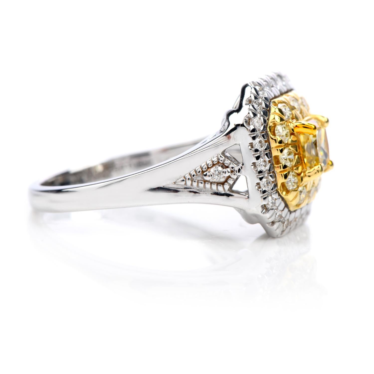 Vibrant double halo design, this GIA-certified natural yellow Diamond engagement ring is exquisite!

Crafted in solid 18K white gold with yellow gold accents, the center is adorned by a GIA-certified princess-cut natural fancy yellow diamond, with a