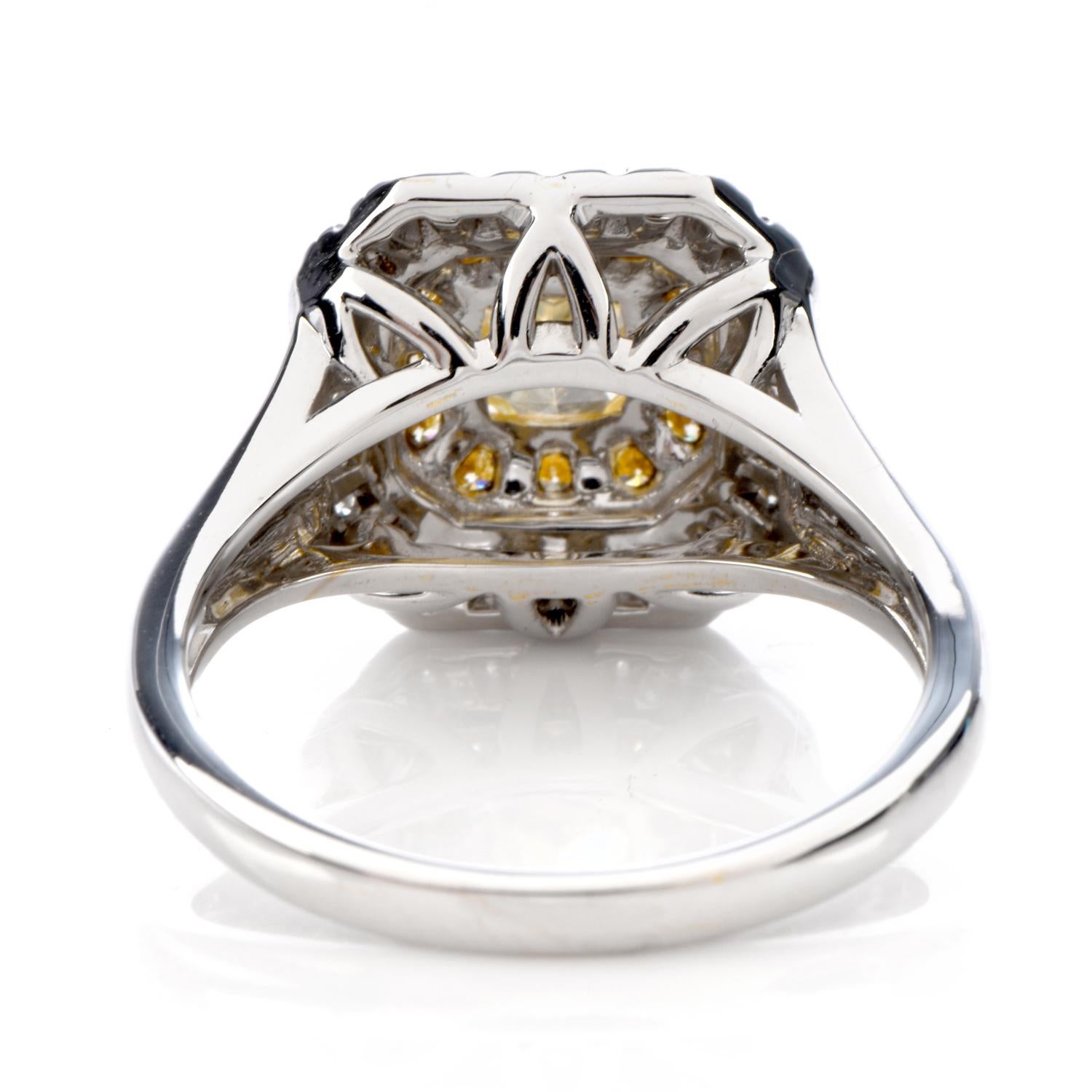 Art Deco GIA 0.65 Carat Fancy Yellow Diamond 18K Gold Halo Engagement Ring