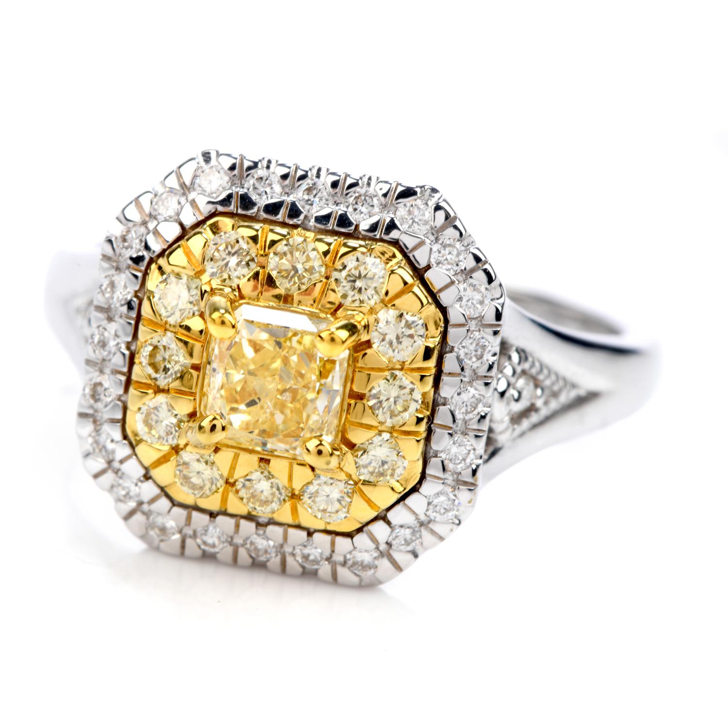Square Cut GIA 0.65 Carat Fancy Yellow Diamond 18K Gold Halo Engagement Ring