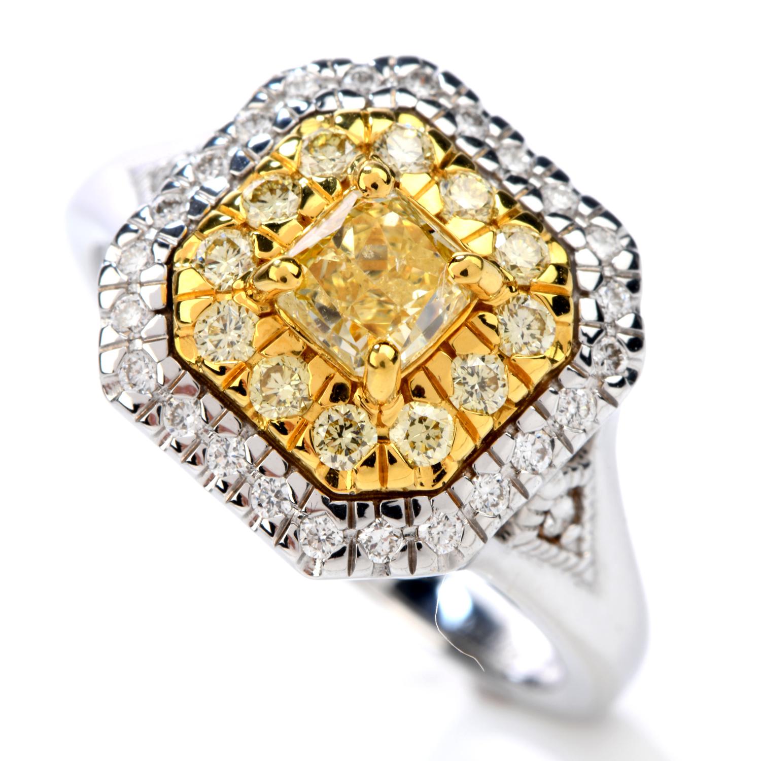 GIA 0.65 Carat Fancy Yellow Diamond 18K Gold Halo Engagement Ring In Excellent Condition In Miami, FL