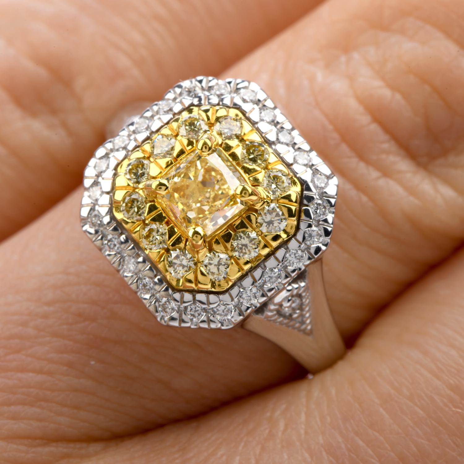 Women's or Men's GIA 0.65 Carat Fancy Yellow Diamond 18K Gold Halo Engagement Ring