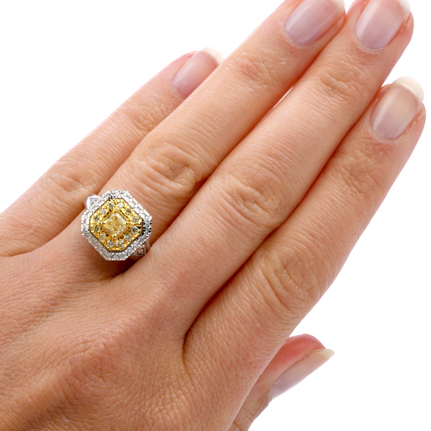 GIA 0.65 Carat Fancy Yellow Diamond 18K Gold Halo Engagement Ring 1