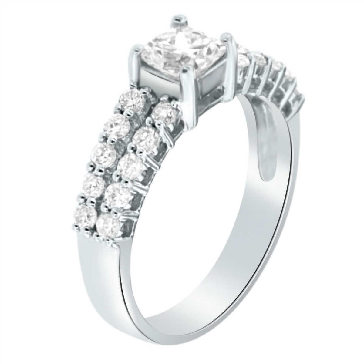 This 18K White Gold handcrafted Women's engagement ring showcases a 0.65 carat GIA Certified Cushion Cut diamond accompanied by twenty (20) Round Brilliant Cut diamonds on a split shank setting.

Center Diamond Weight: 0.70 Carats
Center Diamond