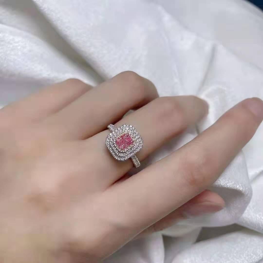 Cushion Cut GIA 0.67 Carat Pink Diamond Ring 18 Karat White Gold For Sale