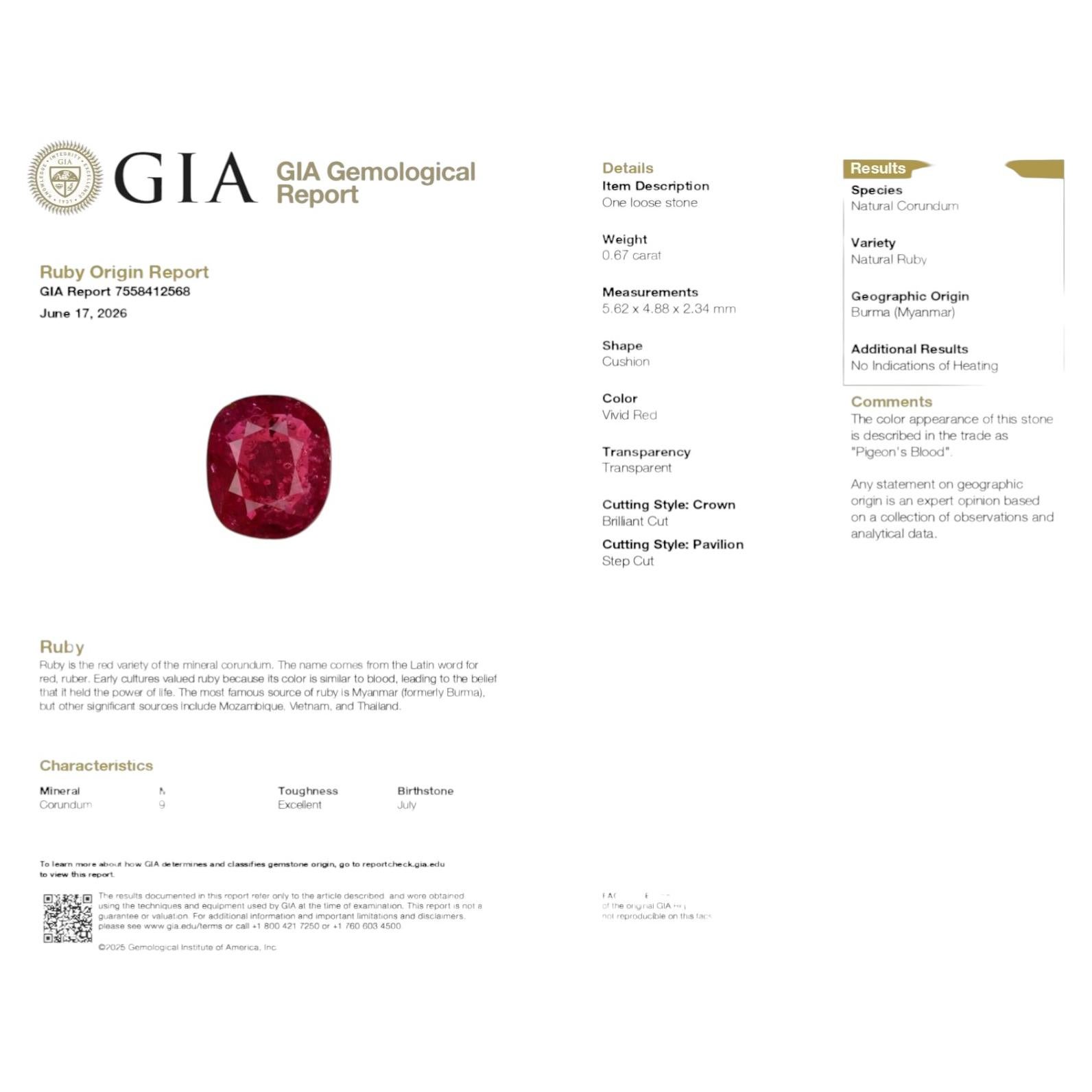 GIA 0.67ct Unheated Burma Pigeon Blood Ruby (5.62 x 4.88 x 2.34mm) For Sale