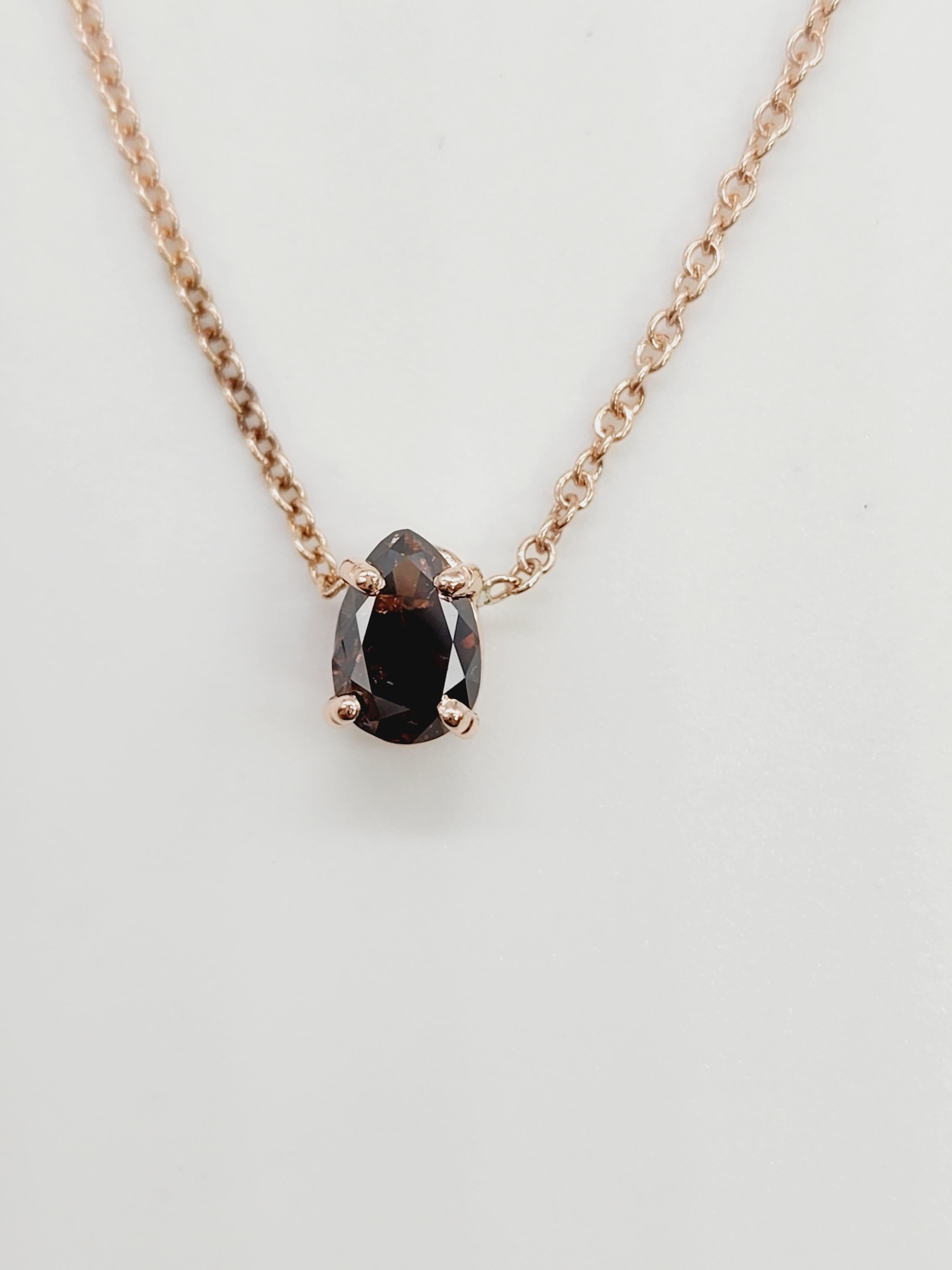 GIA 0.69 Carats Fancy Dark Brown Diamond Pear Shape Pendant Rose Gold 14 Karat In New Condition For Sale In Great Neck, NY