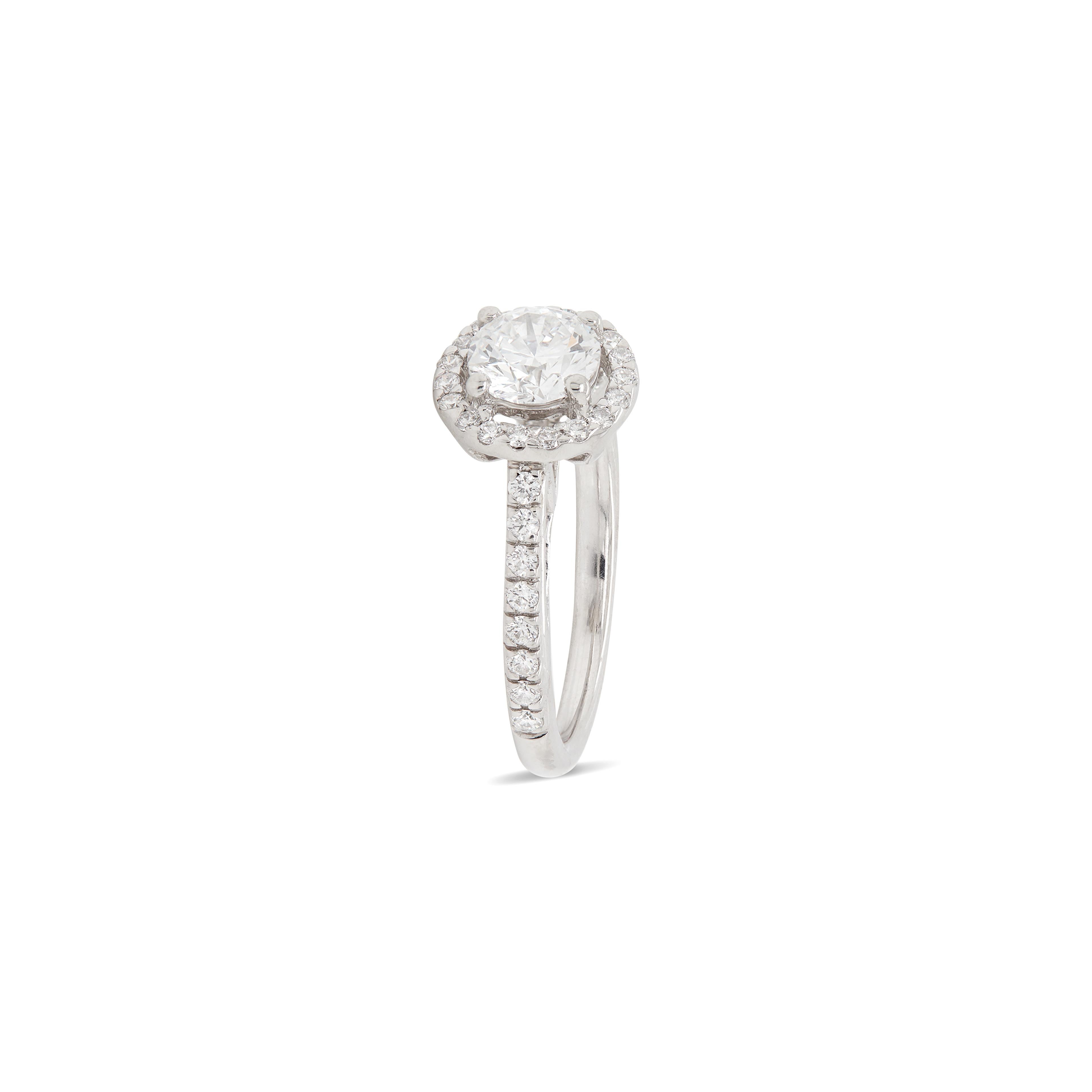 Modern GIA 0.70ct E VS1 Diamond and Platinum Round Halo Cluster Engagement Ring For Sale