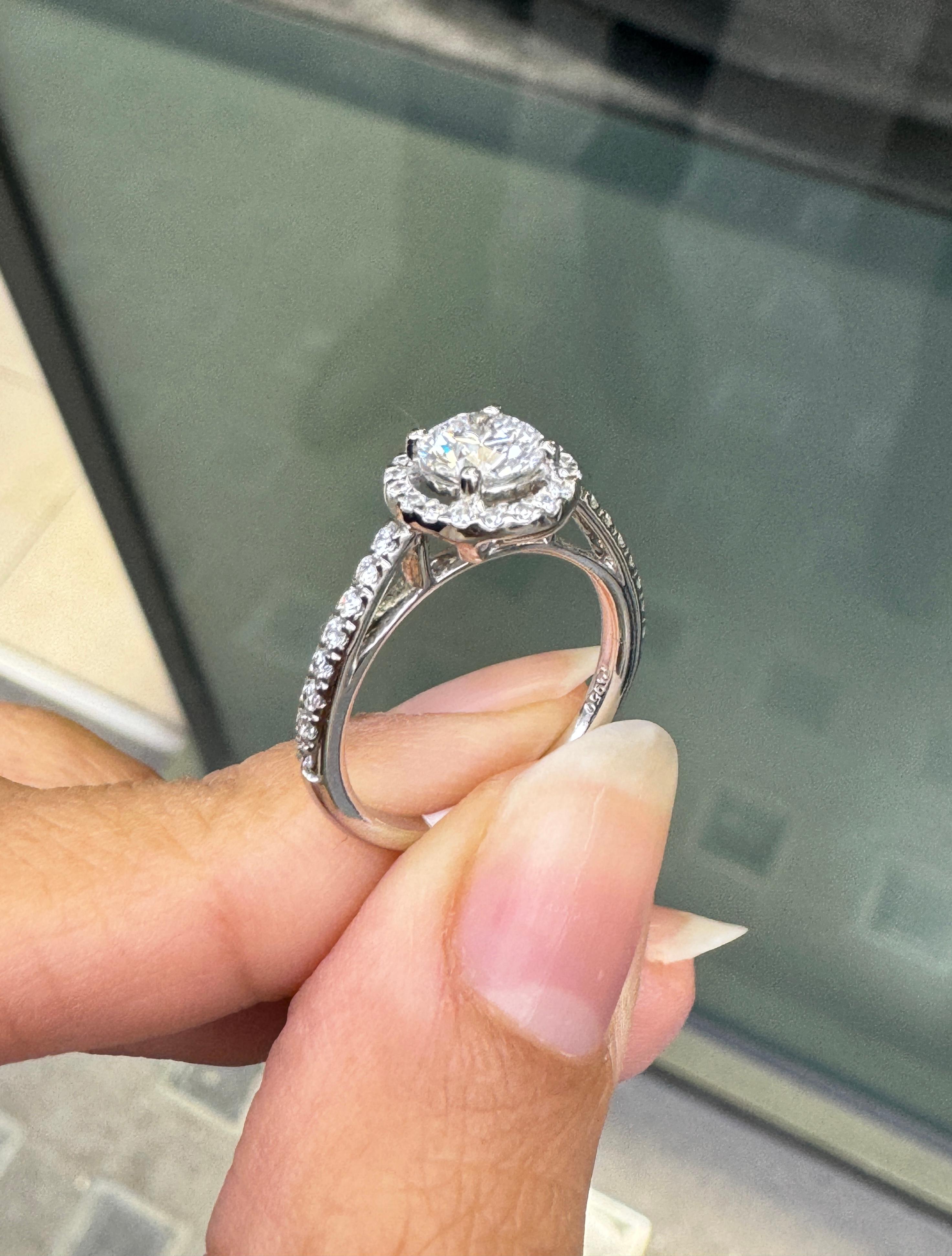 Women's GIA 0.70ct E VS1 Diamond and Platinum Round Halo Cluster Engagement Ring For Sale
