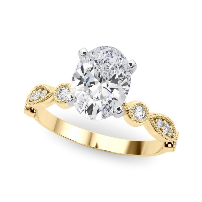 Taglio ovale GIA 0,70ct Oval Marquise & Round Milgrain Bezel Anello di diamanti in oro giallo in vendita