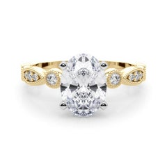 GIA 0.70ct Oval Marquise & Round Milgrain Bezel Yellow Gold Diamond Ring