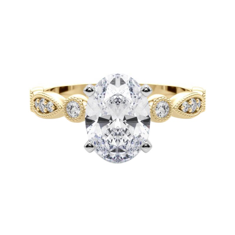 GIA 0.70ct Oval Marquise & Round Milgrain Bezel Yellow Gold Diamond Ring