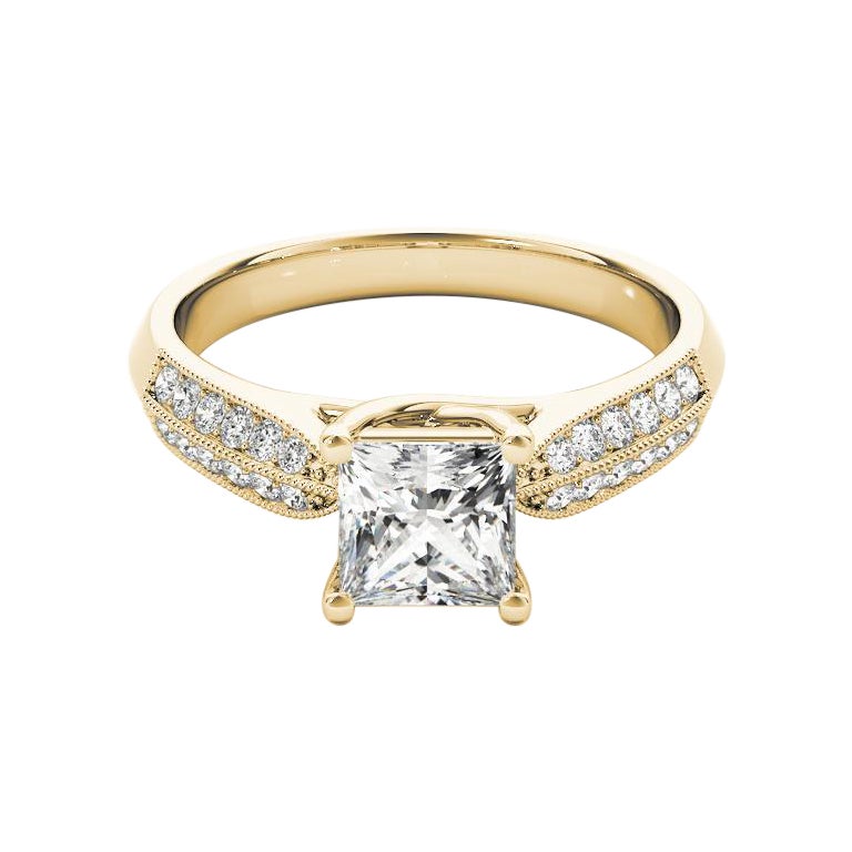 GIA Bague en or jaune diamant 0.70ct Princesse entrelacé Trellis Pave & Solitaire