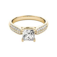 GIA Bague en or jaune diamant 0.70ct Princesse entrelacé Trellis Pave & Solitaire