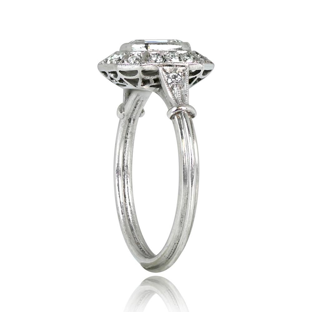 Art Deco GIA 0.71ct Emerald Cut Diamond Engagement Ring, H Color, Diamond Halo, Platinum  For Sale