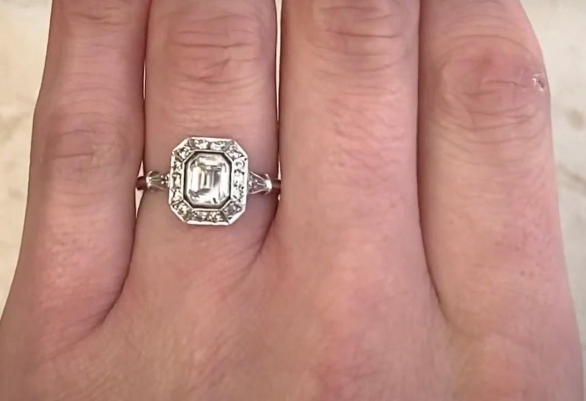 Women's GIA 0.71ct Emerald Cut Diamond Engagement Ring, H Color, Diamond Halo, Platinum  For Sale