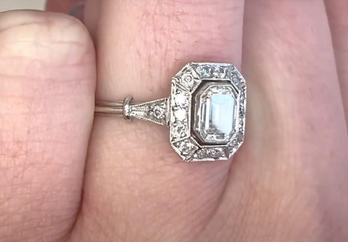 GIA 0.71ct Emerald Cut Diamond Engagement Ring, H Color, Diamond Halo, Platinum  For Sale 1