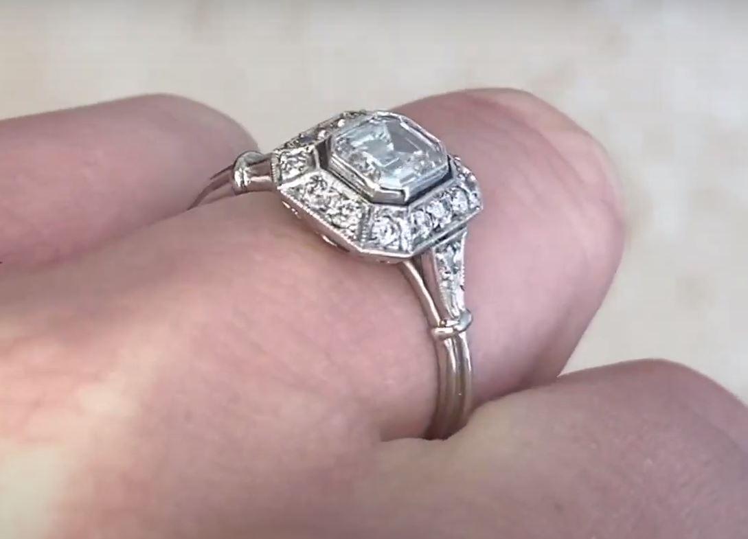 GIA 0.71ct Emerald Cut Diamond Engagement Ring, H Color, Diamond Halo, Platinum  For Sale 2