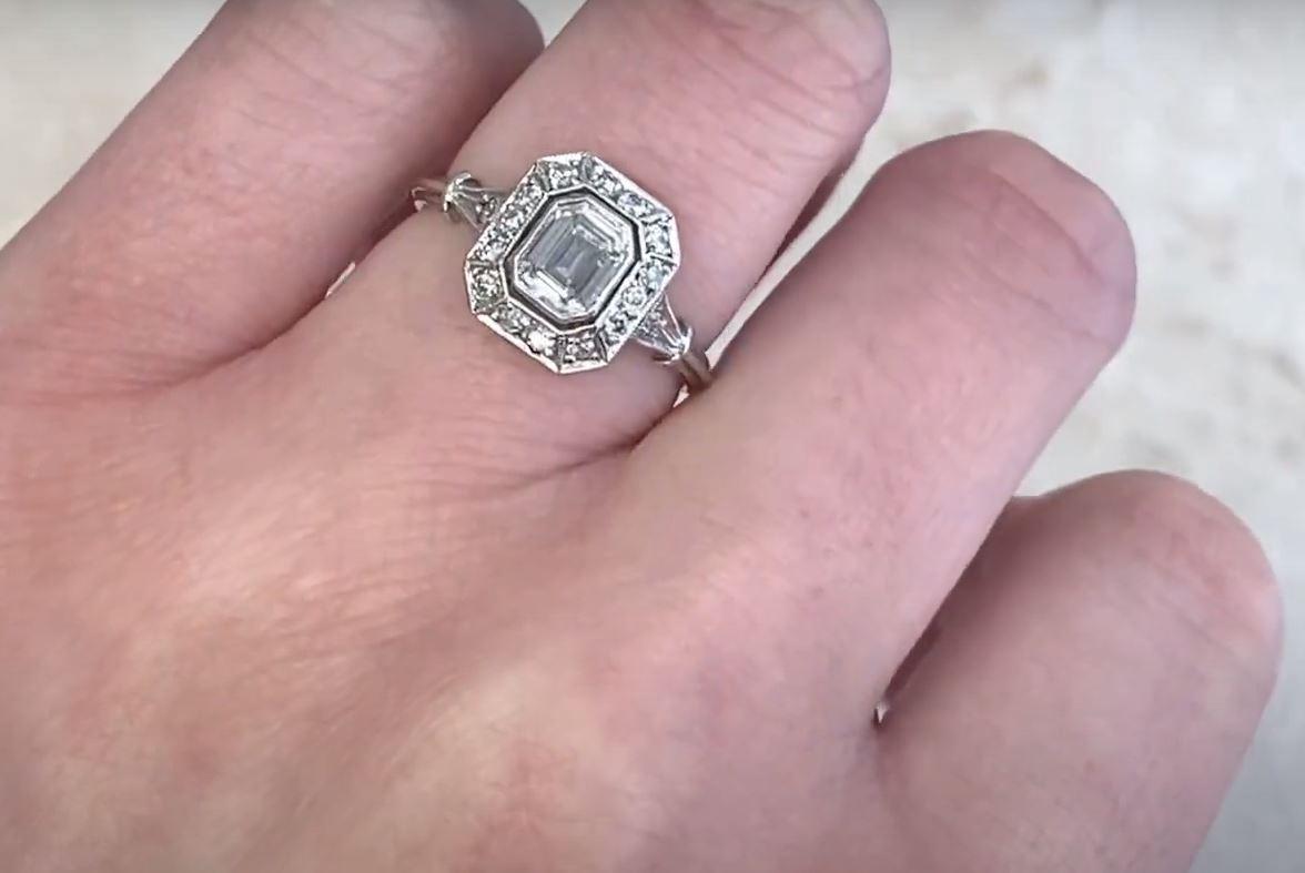 GIA 0.71ct Emerald Cut Diamond Engagement Ring, H Color, Diamond Halo, Platinum  For Sale 4