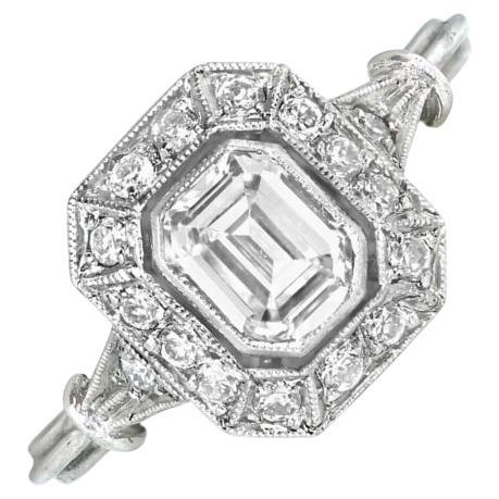 GIA 0.71ct Emerald Cut Diamond Engagement Ring, H Color, Diamond Halo, Platinum 