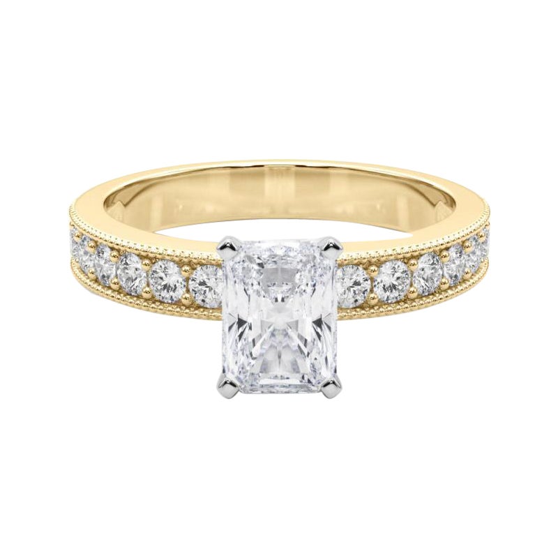 GIA 0,73 Carati Radiant Vintage Milgrain Channel Anello con diamanti in oro giallo 18K