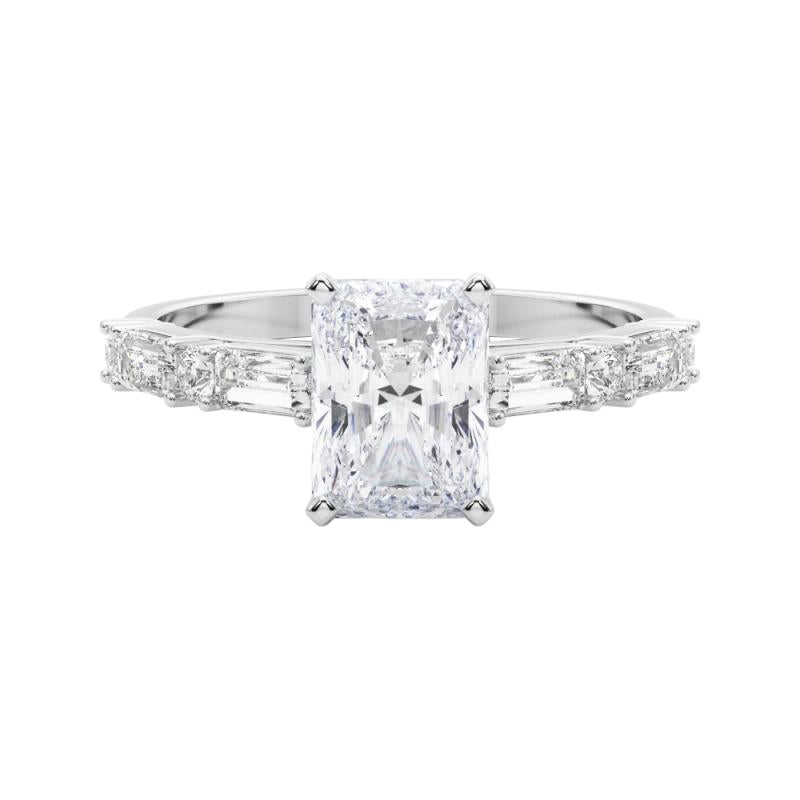GIA 0.73ct Radiant Round & Baguette Channel Band Bague diamant en or blanc 18K