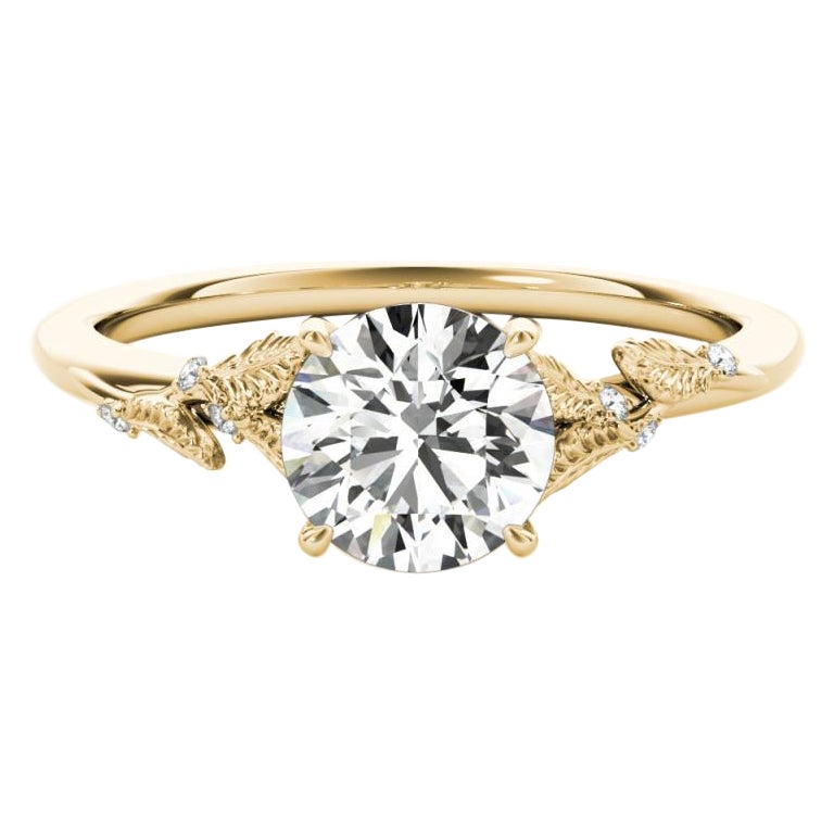 GIA 0.73ct Round Garden Vine 
Leaf Cathedral 18K Yellow Gold Diamond Ring For Sale