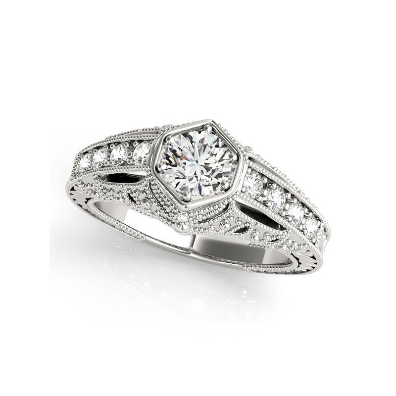 Taille ronde GIA 0,73ct Solitaire rond lunette gravée Dôme Bague diamant en or blanc 18K en vente
