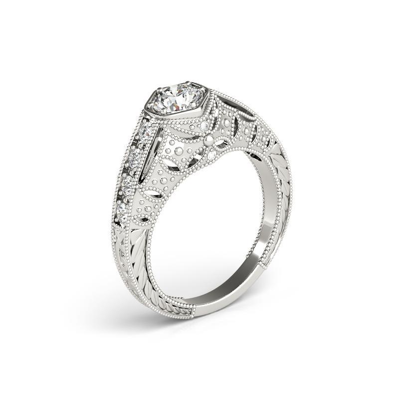 GIA 0,73ct Solitaire rond lunette gravée Dôme Bague diamant en or blanc 18K Pour femmes en vente
