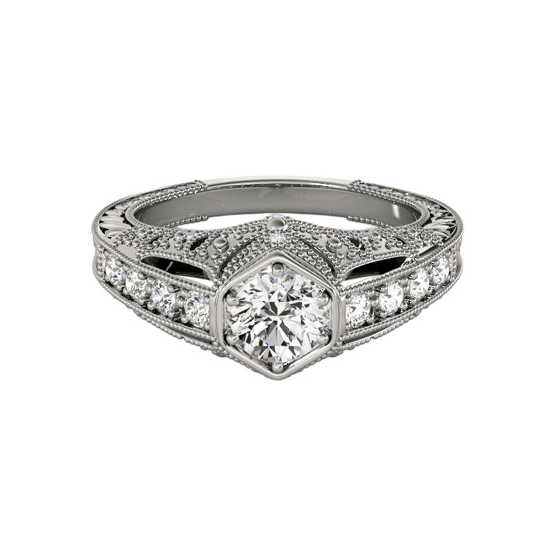 GIA 0,73ct Solitaire rond lunette gravée Dôme Bague diamant en or blanc 18K