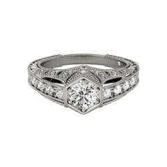 GIA 0,73ct Solitaire rond lunette gravée Dôme Bague diamant en or blanc 18K