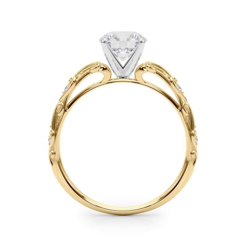 GIA 0,73ct Round Vintage 3-Stone Heart & Vine Anello di diamanti in oro giallo 18K in vendita 1