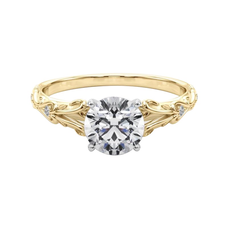 GIA 0,73ct Round Vintage 3-Stone Heart & Vine Anello di diamanti in oro giallo 18K