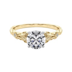 GIA 0.73ct Round Vintage 3-Stone Heart & Vine 18K Yellow Gold Diamond Ring