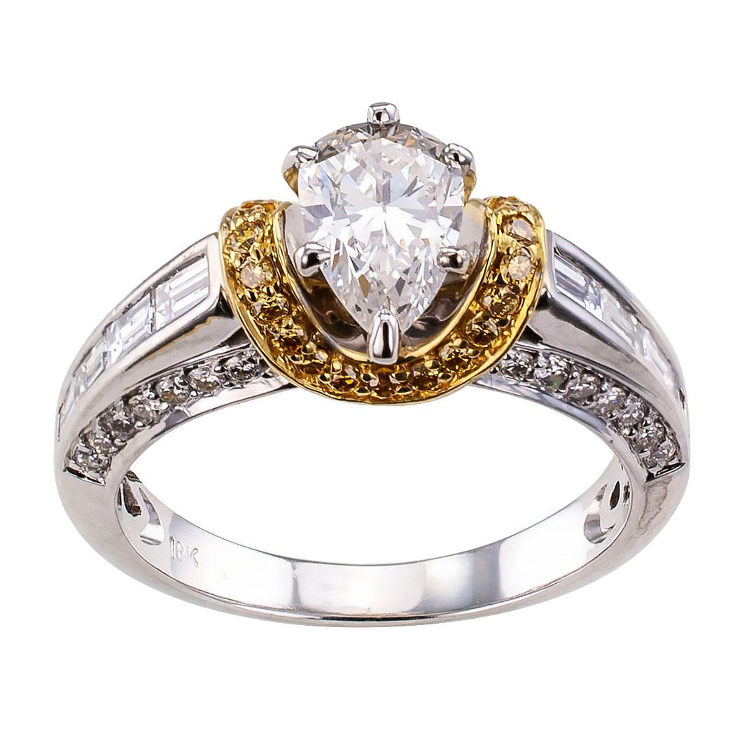 Estate 0.74 carat GIA graded H VS1 pear shaped diamond and yellow diamonds white gold engagement ring. The design showcases a pear-shaped diamond weighing 0.74 carat, accompanied by a report from GIA stating that the diamond is H color and VS1