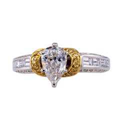 Vintage GIA 0.74 Carat Pear Shaped Diamond Two-Tone Gold Engagement Ring