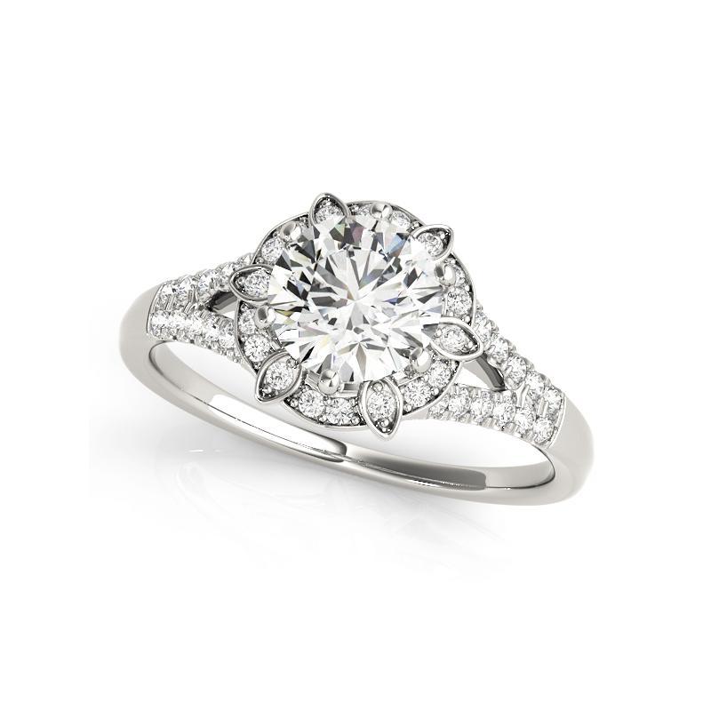 Taille ronde GIA 0.74ct Round Vintage Flower Halo Split Shank White Gold Diamond Ring (bague à diamant en or blanc) en vente