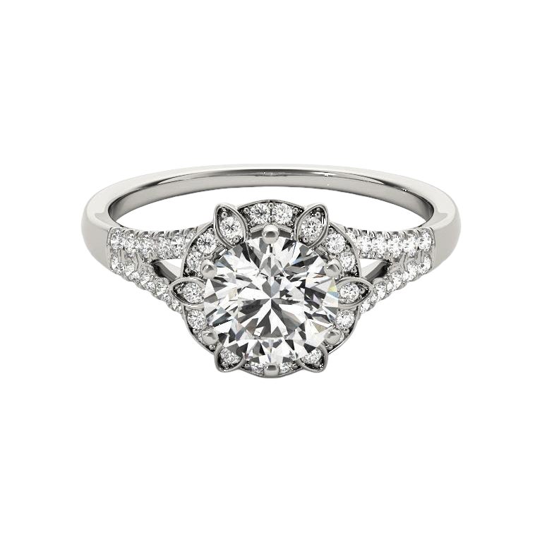 GIA 0.74ct Round Vintage Flower Halo Split Shank White Gold Diamond Ring (bague à diamant en or blanc)